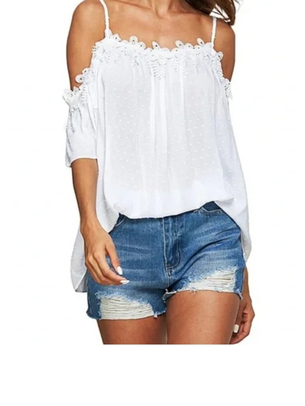 Women's White Cold-Shoulder Lace Trim Top
